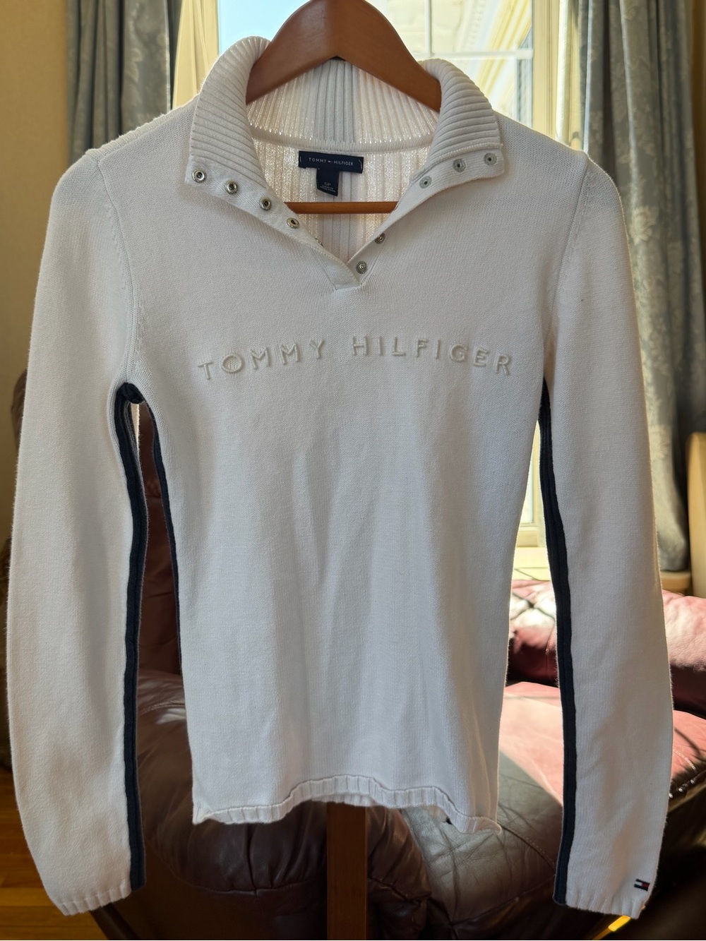 Tommy Hilfiger Cream Cotton Snap-Detail Turtleneck Sweater with Navy Stripes